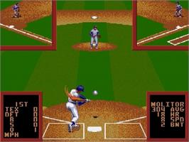In game image of Cal Ripken Jr. Baseball on the Sega Genesis.