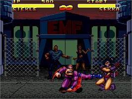 In game image of Double Dragon V: The Shadow Falls on the Sega Genesis.