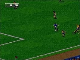 In game image of FIFA 96 on the Sega Genesis.