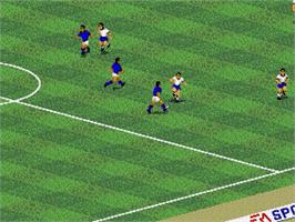 In game image of FIFA International Soccer on the Sega Genesis.