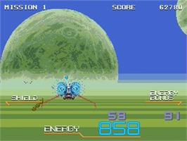 In game image of Galaxy Force 2 on the Sega Genesis.
