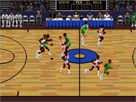 In game image of Lakers vs. Celtics and the NBA Playoffs on the Sega Genesis.