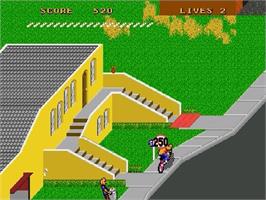 In game image of Paperboy 2 on the Sega Genesis.