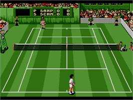 In game image of Pete Sampras Tennis on the Sega Genesis.