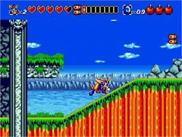 In game image of Sparkster on the Sega Genesis.
