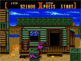 In game image of Sunset Riders on the Sega Genesis.