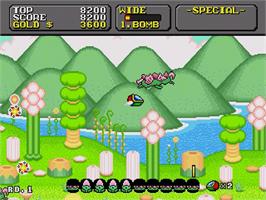 In game image of Super Fantasy Zone on the Sega Genesis.