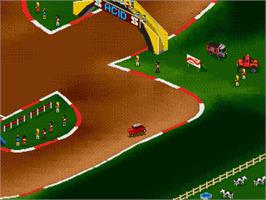 In game image of Super Skidmarks on the Sega Genesis.