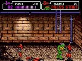 In game image of Teenage Mutant Ninja Turtles: The HyperStone Heist on the Sega Genesis.