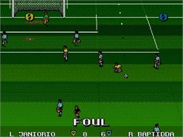 In game image of Ultimate Soccer on the Sega Genesis.