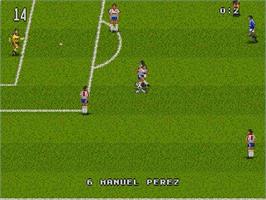 In game image of World Trophy Soccer on the Sega Genesis.
