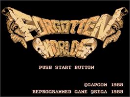Title screen of Forgotten Worlds on the Sega Genesis.