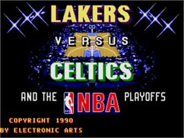 Title screen of Lakers vs. Celtics and the NBA Playoffs on the Sega Genesis.