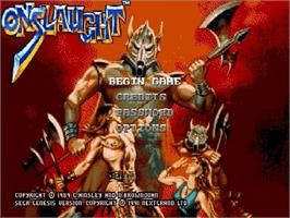 Title screen of Onslaught on the Sega Genesis.