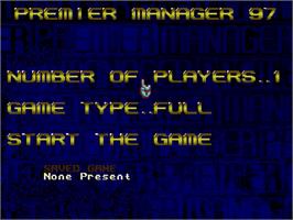 Title screen of Premier Manager 97 on the Sega Genesis.
