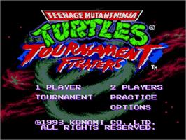 Title screen of Teenage Mutant Ninja Turtles: Tournament Fighters on the Sega Genesis.