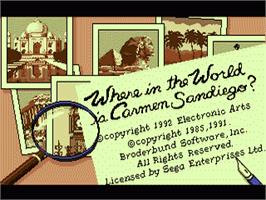 Title screen of Where in the World is Carmen Sandiego on the Sega Genesis.