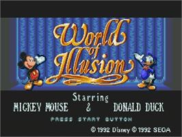 Title screen of World of Illusion starring Mickey Mouse and Donald Duck on the Sega Genesis.