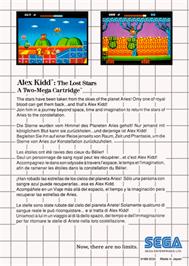 Box back cover for Alex Kidd: The Lost Stars on the Sega Master System.