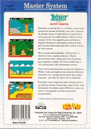 Box back cover for Astérix and the Secret Mission on the Sega Master System.