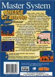 Box back cover for Cheese Cat-Astrophe starring Speedy Gonzales on the Sega Master System.