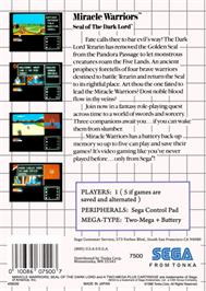 Box back cover for Miracle Warriors: Seal of the Dark Lord on the Sega Master System.
