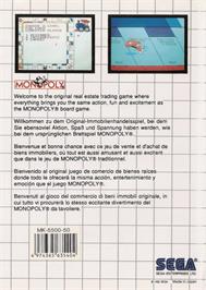 Box back cover for Monopoly on the Sega Master System.
