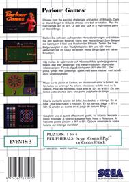 Box back cover for Parlour Games on the Sega Master System.