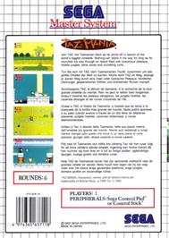 Box back cover for Taz-Mania on the Sega Master System.