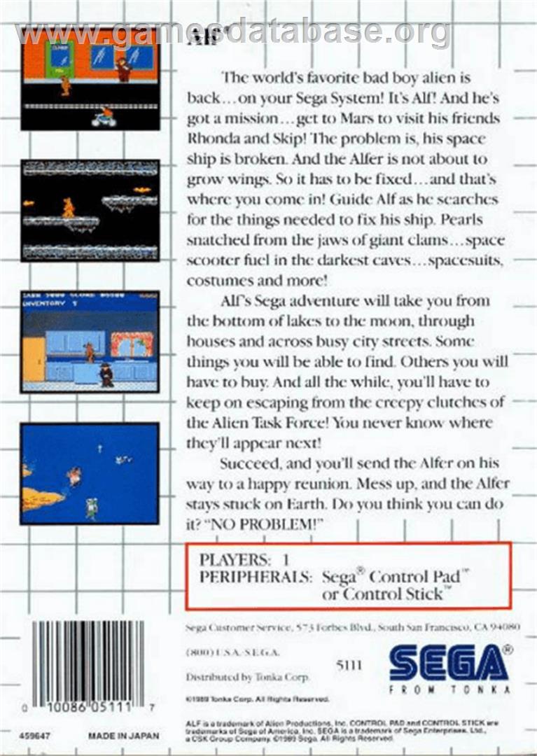 ALF - Sega Master System - Artwork - Box Back