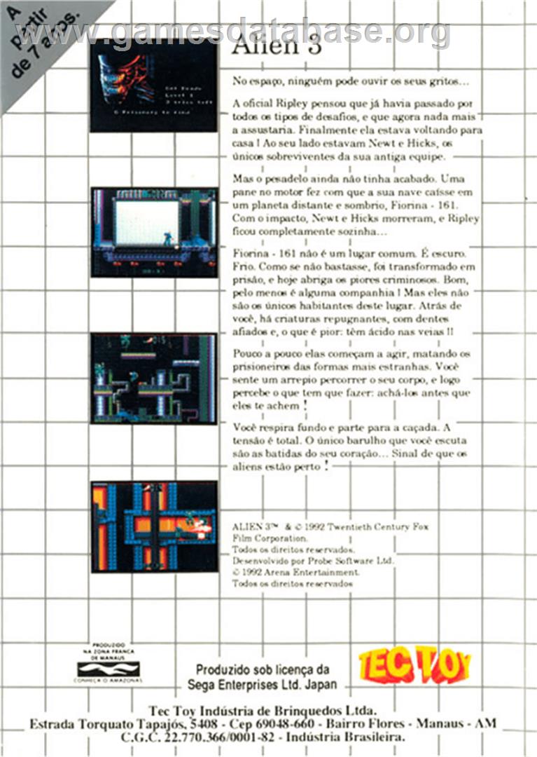 Alien³ - Sega Master System - Artwork - Box Back