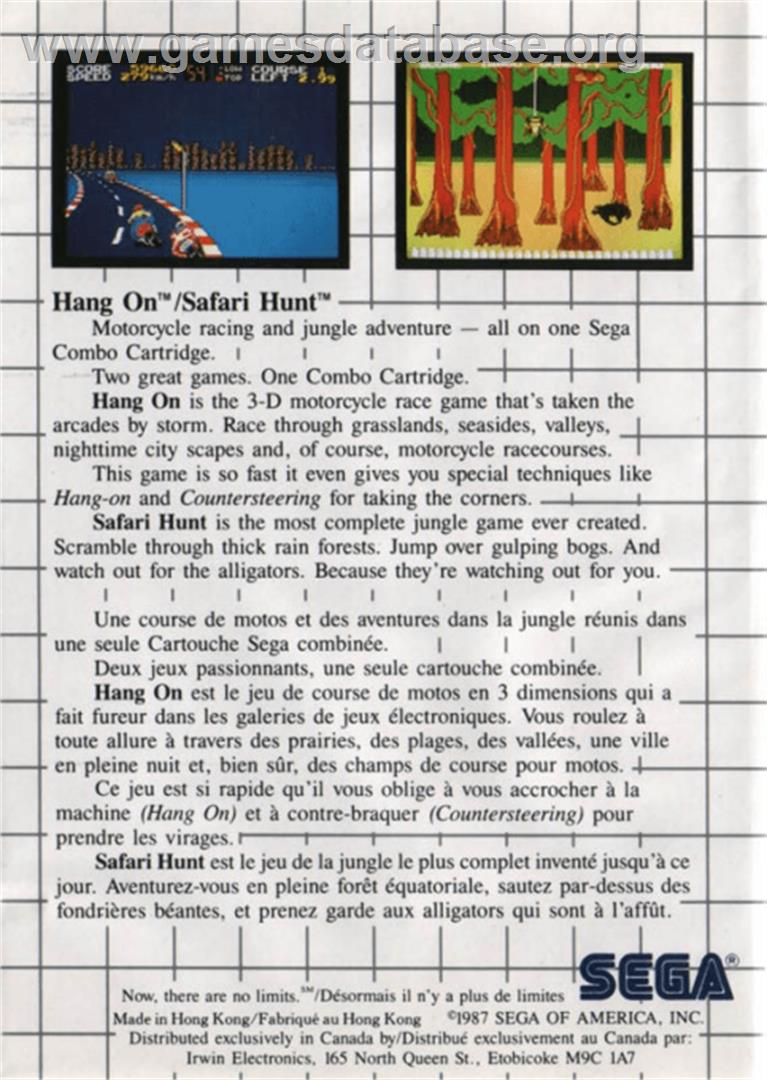 Hang On & Safari Hunt: The Combo Cartridge - Sega Master System - Artwork - Box Back