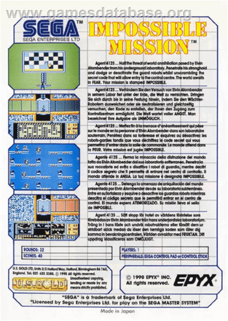 Impossible Mission - Sega Master System - Artwork - Box Back