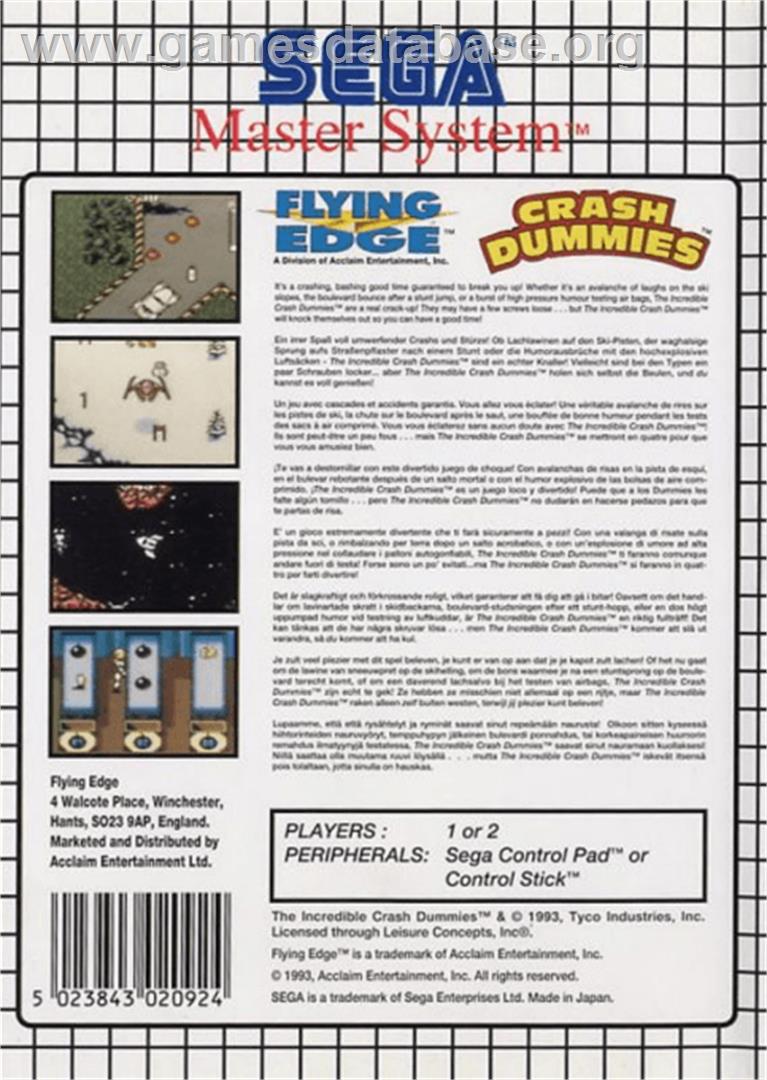 Incredible Crash Dummies - Sega Master System - Artwork - Box Back