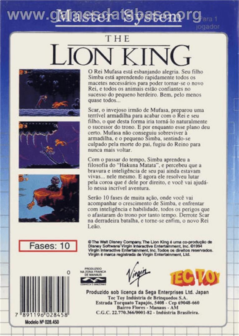 Lion King - Sega Master System - Artwork - Box Back