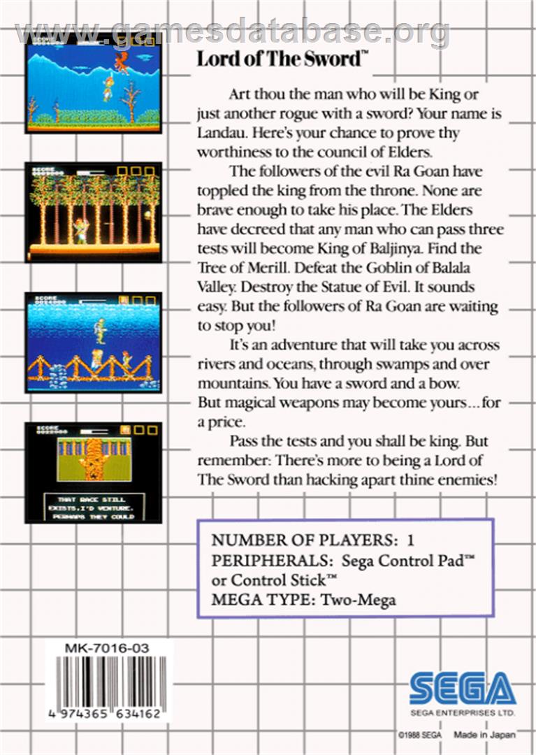 Lord of the Sword - Sega Master System - Artwork - Box Back
