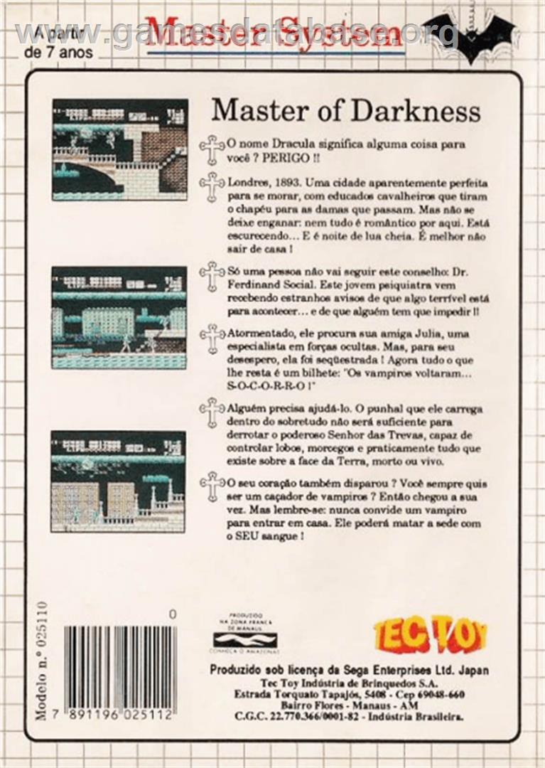 Master of Darkness - Sega Master System - Artwork - Box Back