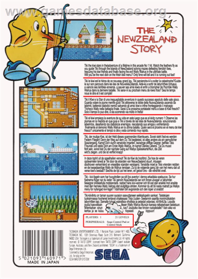 New Zealand Story - Sega Master System - Artwork - Box Back