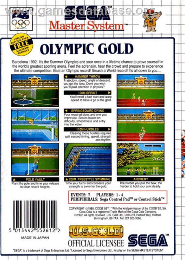 Olympic Gold: Barcelona '92 - Sega Master System - Artwork - Box Back