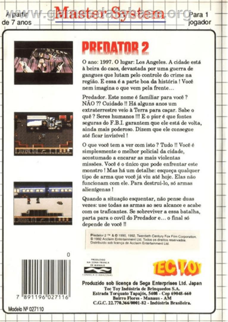 Predator 2 - Sega Master System - Artwork - Box Back