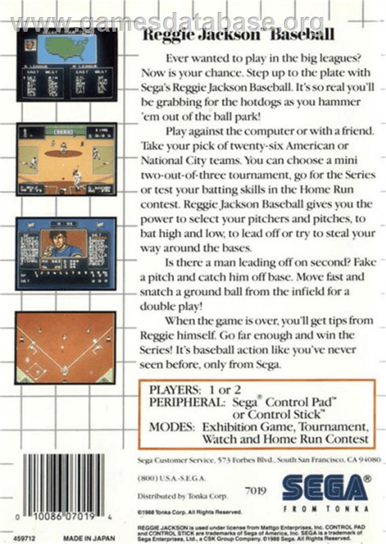 Reggie Jackson Baseball - Sega Master System - Artwork - Box Back