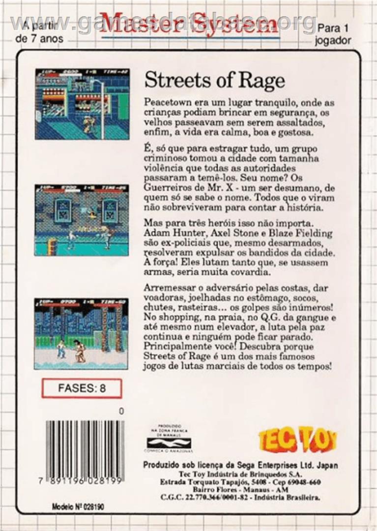 Streets of Rage - Sega Master System - Artwork - Box Back