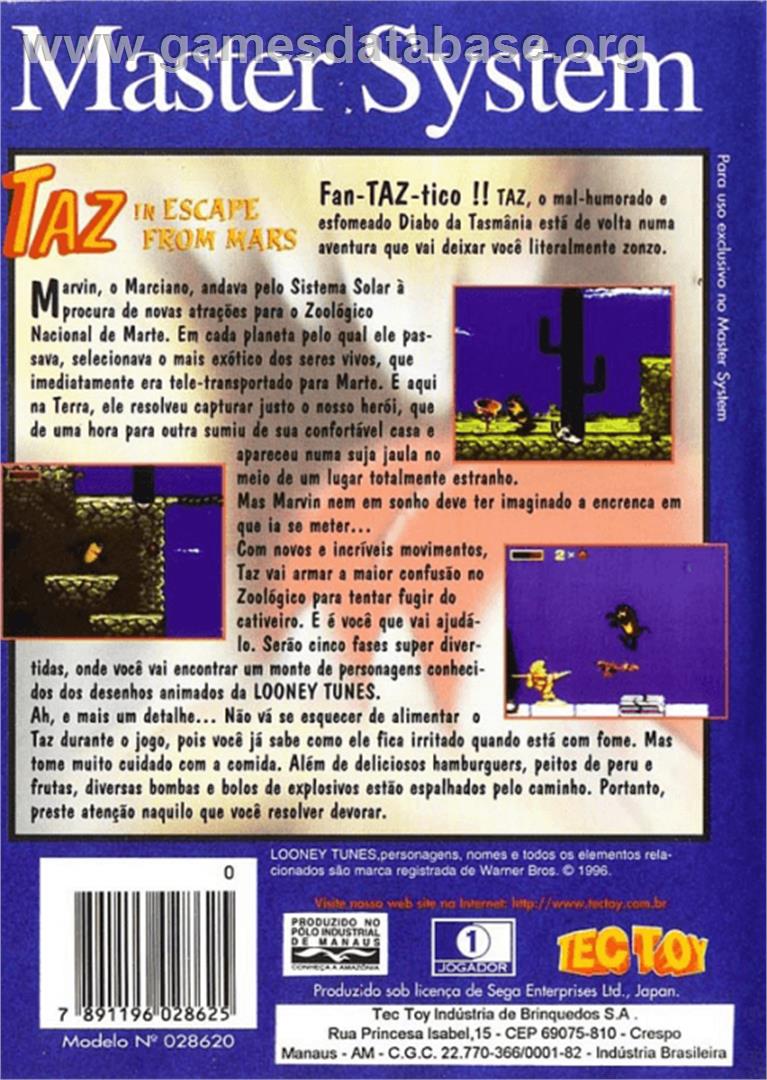 Taz in Escape from Mars - Sega Master System - Artwork - Box Back