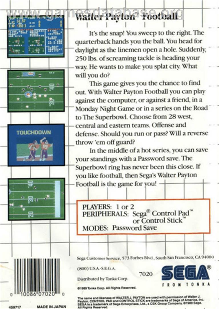Walter Payton Football - Sega Master System - Artwork - Box Back