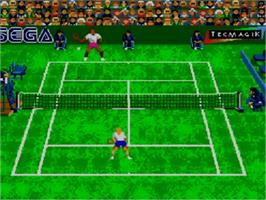 In game image of Andre Agassi Tennis on the Sega Master System.
