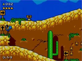 In game image of Desert Speedtrap starring Road Runner and Wile E. Coyote on the Sega Master System.