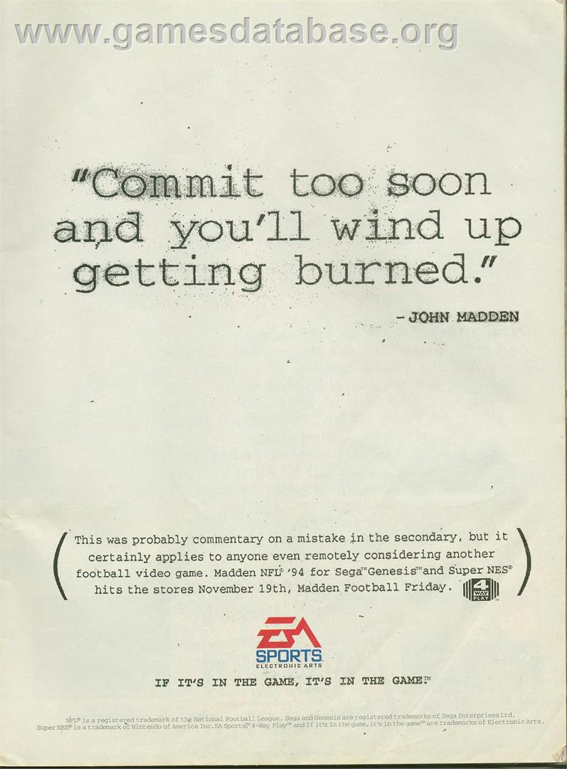 Madden NFL '94 - Sega Genesis - Artwork - Advert