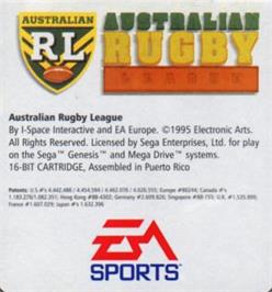 Cartridge artwork for Australian Rugby League on the Sega Nomad.
