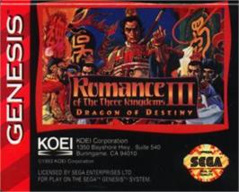 Cartridge artwork for Romance of the Three Kingdoms III: Dragon of Destiny on the Sega Nomad.