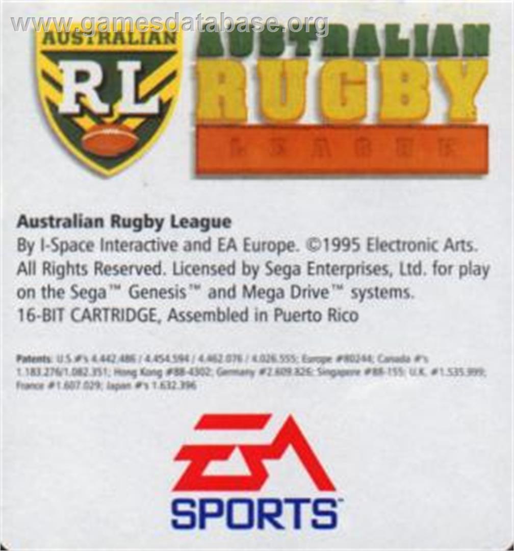 Australian Rugby League - Sega Nomad - Artwork - Cartridge